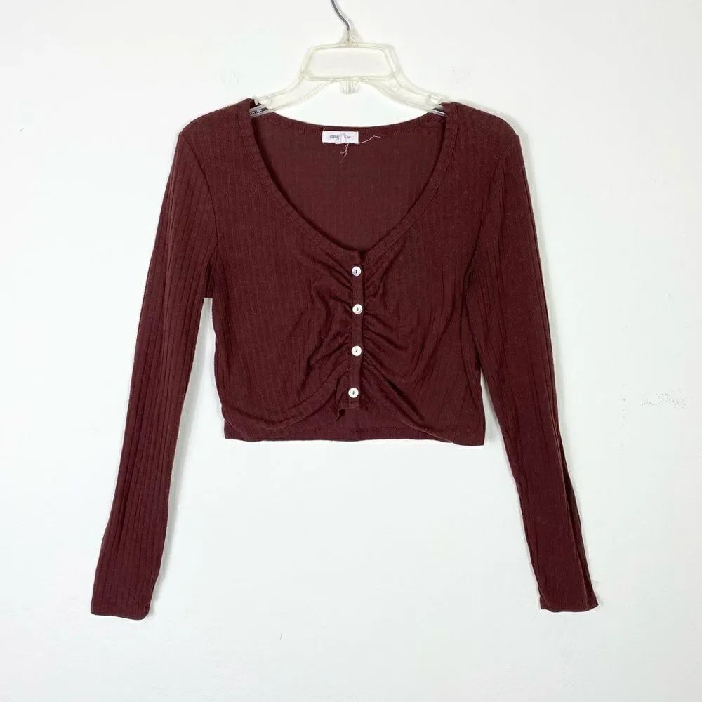 Stitch & Pine Red Brown Long Sleeve Button Up Crop Top